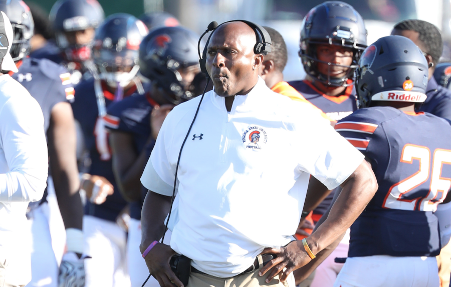 Former head football coach Reggie Barlow watches his offense against Lincoln University during the 2021 season.