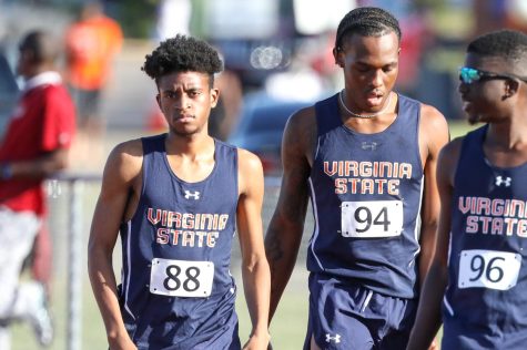 Members of the VSU Mens Track team prepare for a meet during the winter. (Pictured left) Freshman Jalen Brownlee finished with three 1st place wins.