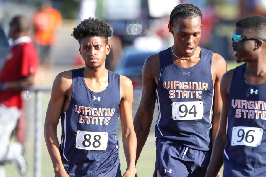 Members+of+the+VSU+Mens+Track+team+prepare+for+a+meet+during+the+winter.+%28Pictured+left%29+Freshman+Jalen+Brownlee+finished+with+three+1st+place+wins.