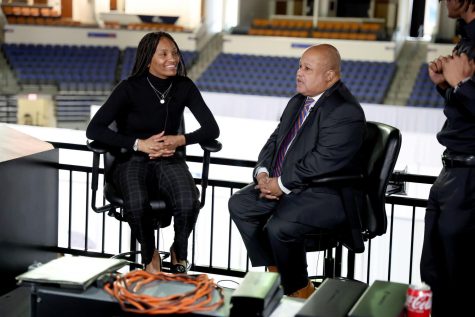 Javay Simms interviews Executive Director of Student Engagement and Career Services Joseph Lyons during the “I Have A Dream” Career Expo. Contributed photo.