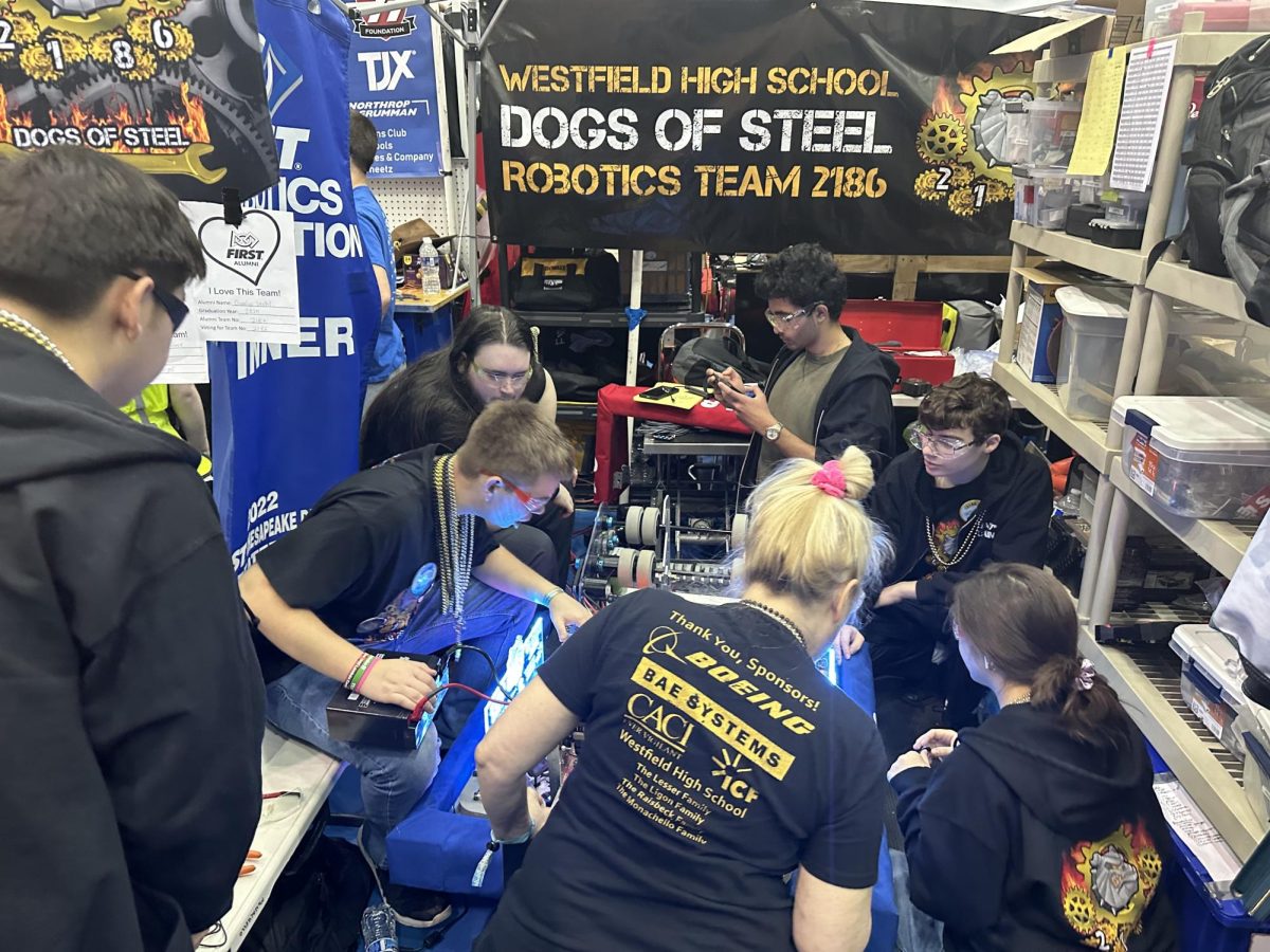 The robotics team from Westfield High School in Virginia frantically inspects their machine before it is entered into the arena.  Photo by Kameko Coleman.