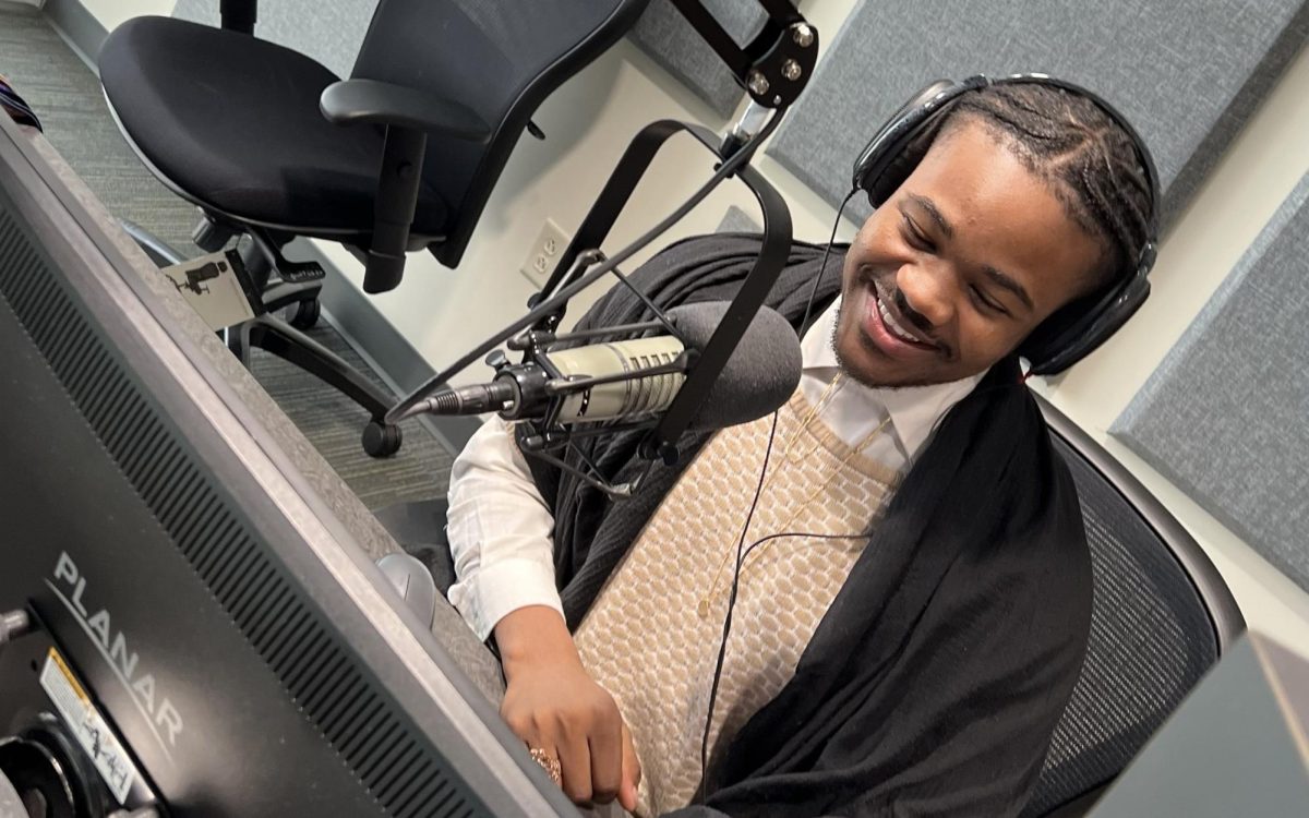 Senior Myiles Spann reads a script for a segment on Virginia State’s campus radio station WVST 91.3 FM. 
The radio station is located 
in the Multi-Purpose Center. 