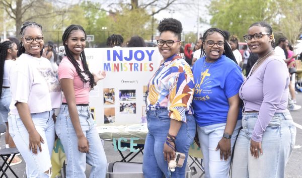 Members of Injoy Ministries Jamea Thompson, Sierra Stewart, Zamir Hunley, I’Reail Smith, and Janae Spates recruit new members at the Spring 2024 Org Bazaar held on April 10, 2024, and located at Rogers Stadium parking lot. They are a Christian based ministry seeking to present and represent Christ to all. The students gathered to take photos in front of their table to advertise what they do on campus and for the community.
