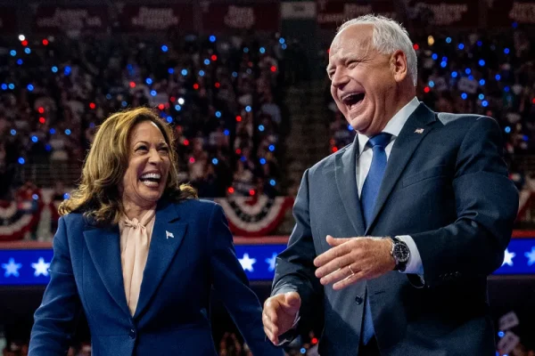 Vice-President Kamala Harris and Governor Tim Walz stand together on a stage at a political rally during the run for president leading up to the Nov. 5 election. Photo provided by Harris Walz Campaign Website.