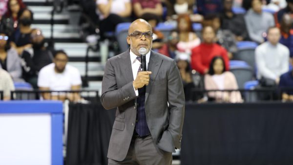 President Makola Abdullah speaks to students, faculty and staff gathered at the Multipurpose Center last Tuesday, Feb. 4,  at 12:30 p.m. for a meeting to address the recent financial freeze on federal funds and the financial future of the university.