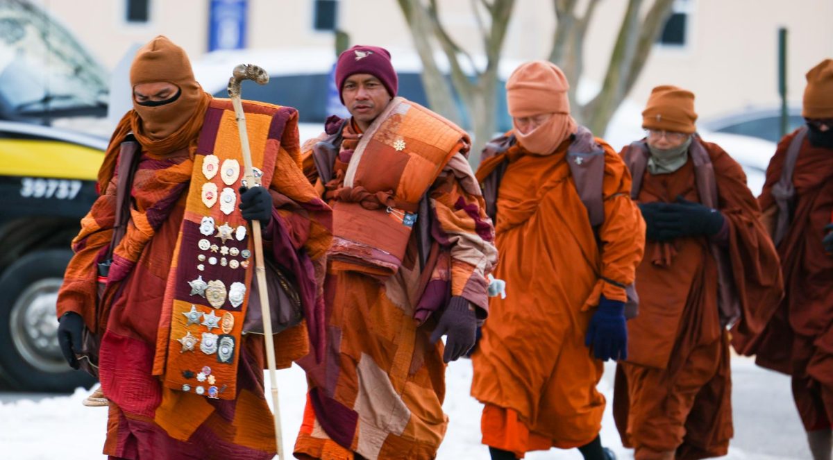 The venerable monks depart the Alfred Harris Academic Commons Sunday morning on Feb 1., 2026, as they travel to Washington, D.C. 