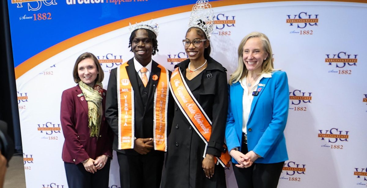Governor Abigail Spanberger poses with Miss VSU Sarai Findlay and Mister VSU Melvin Cooper, Jr., along with Secretary of Agriculture Katie Frazier.