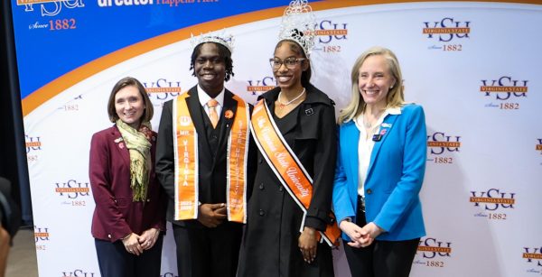 Governor Abigail Spanberger poses with Miss VSU Sarai Findlay and Mister VSU Melvin Cooper, Jr., along with Secretary of Agriculture Katie Frazier.