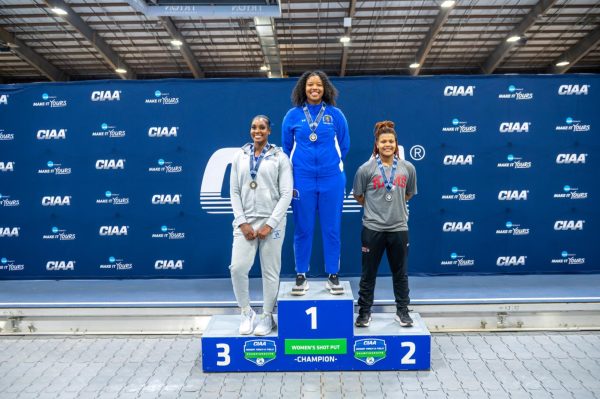 Senior Janiya Harmon stands atop the podium at the CIAA Indoor Championships in February 2026. Harmon won first place in shot put with a throw of 13.72 meters.
Photo by CIAA Photographers.